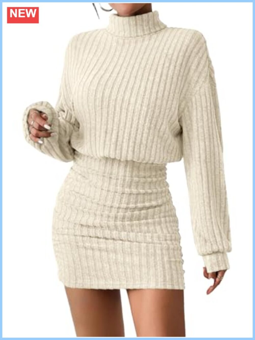 Ribbed Knit Mock Neck Bodycon Mini Sweater Dress Long Sleeve